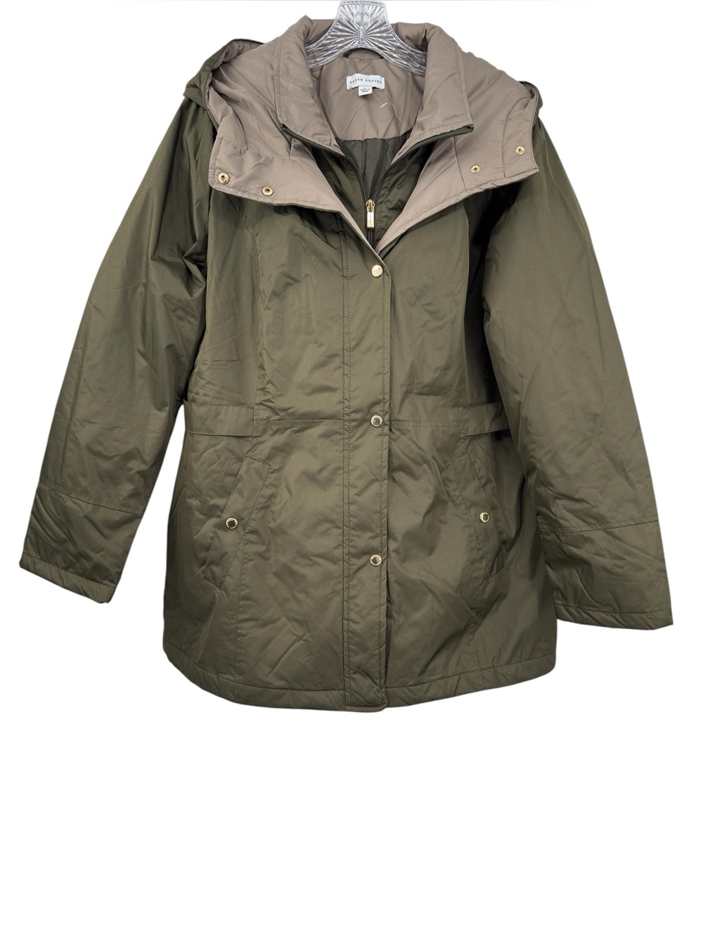 Susan Graver Olive Green Two-Tone Hooded Water Resistant Jacket Size L